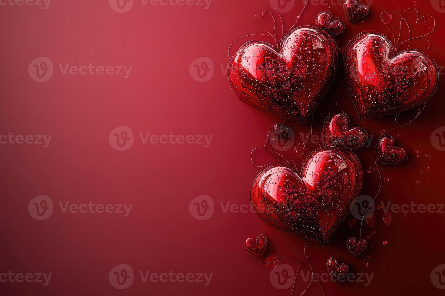 Red sparkling hearts hanging on a string lights creating romantic atmosphere. photo