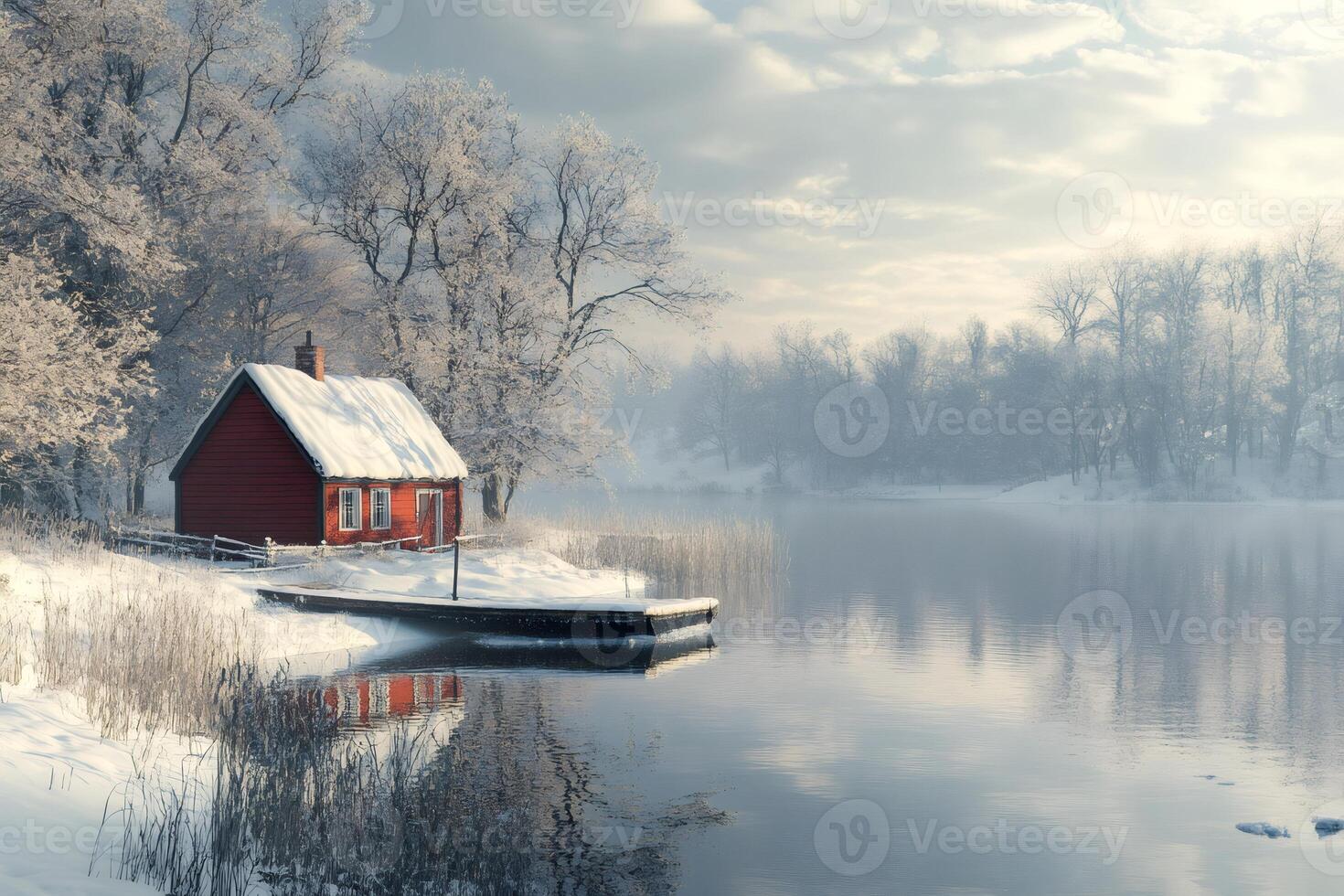 Red wooden cabin reflecting on a tranquil frozen lake in winter wonderland photo