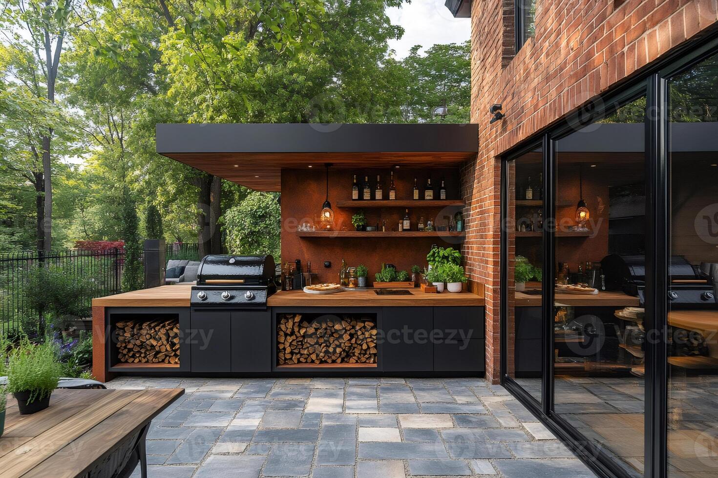 Modern outdoor kitchen featuring black appliances and wooden countertop photo