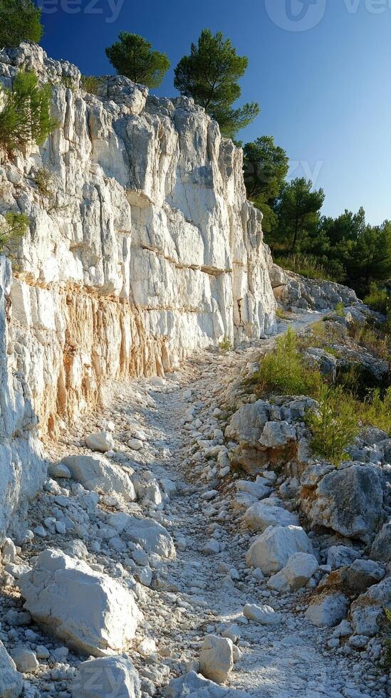 Hiking trail winding through limestone cliffs on sunny day photo