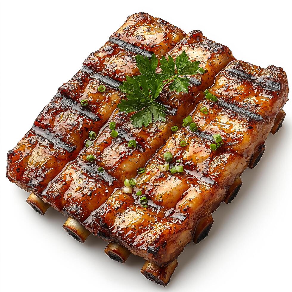 A piece of meat with a green garnish on it photo