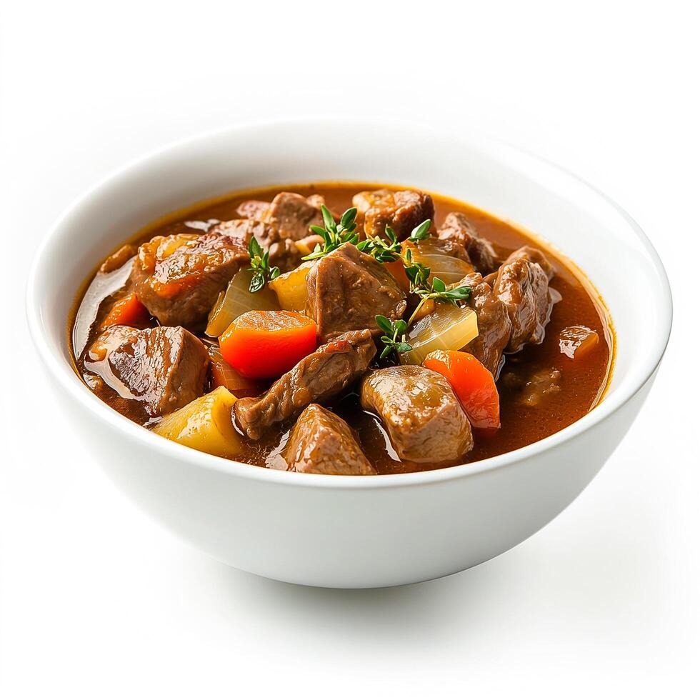 A bowl of beef stew with vegetables and herbs photo
