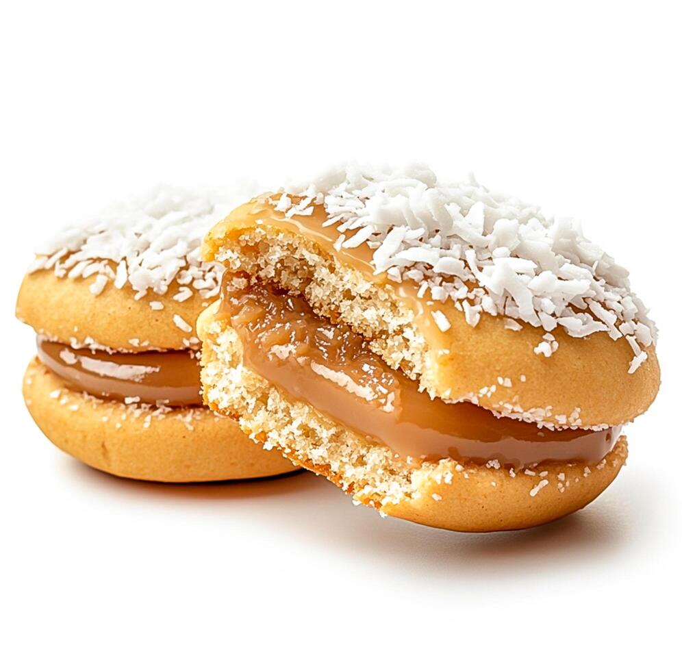Two donuts with coconut and powdered sugar photo