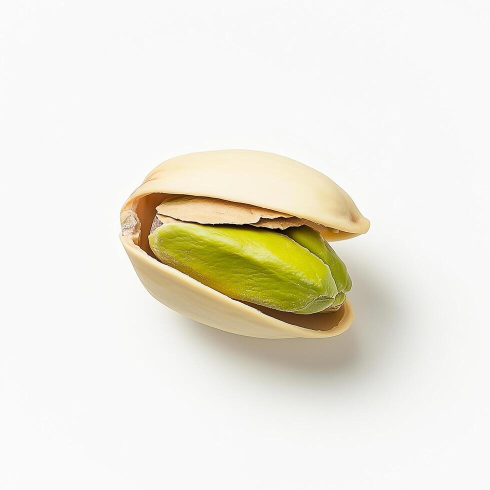 A pistachio nut is shown on a white surface photo