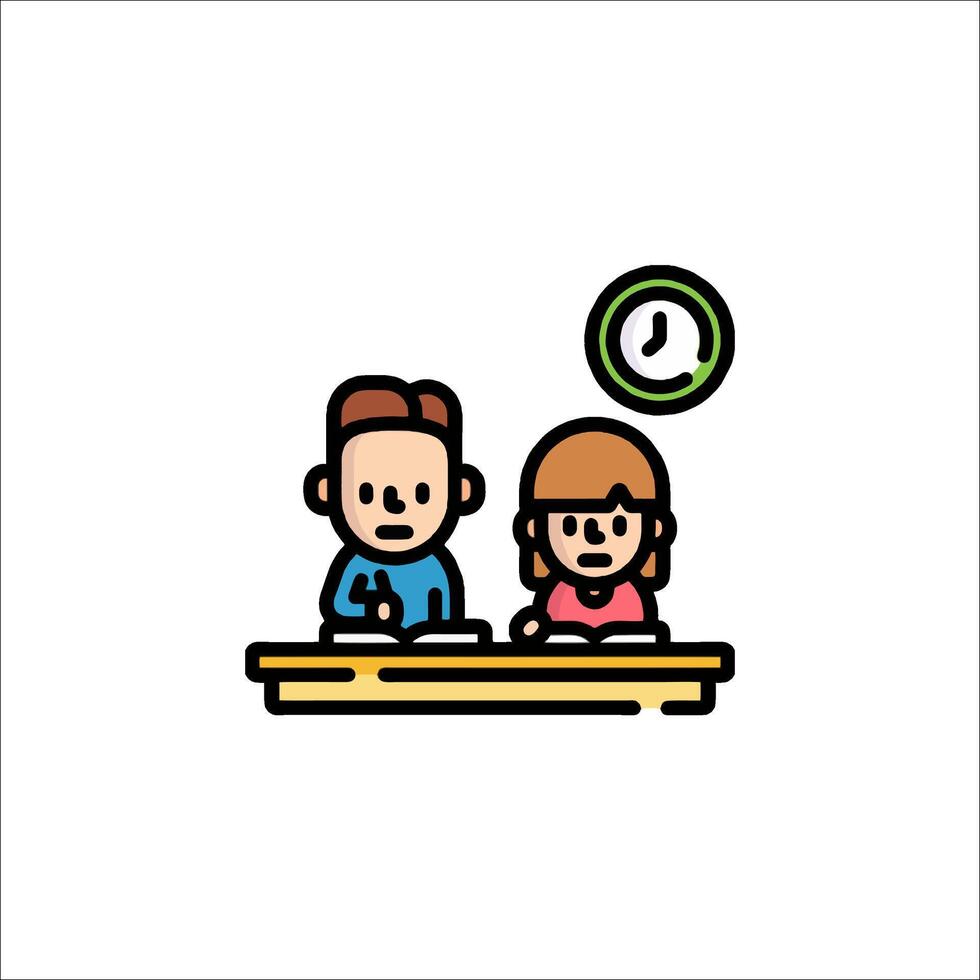 A man and woman sitting at a desk with a clock vector