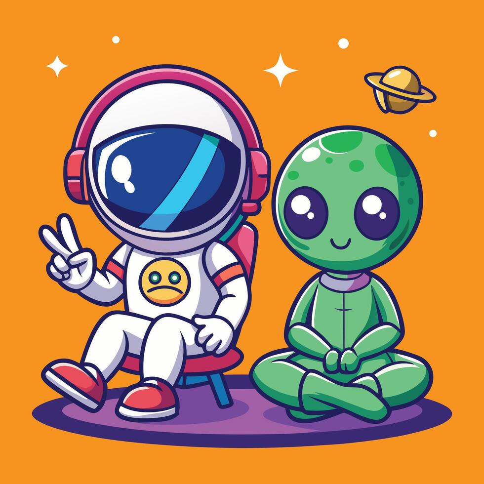 Colorful digital artwork of a cartoon astronaut and smiling alien in a cosmic environment vector