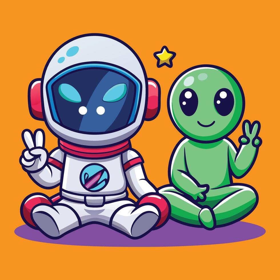 Adorable space explorer and friendly alien enjoying a fun cosmic adventure vector
