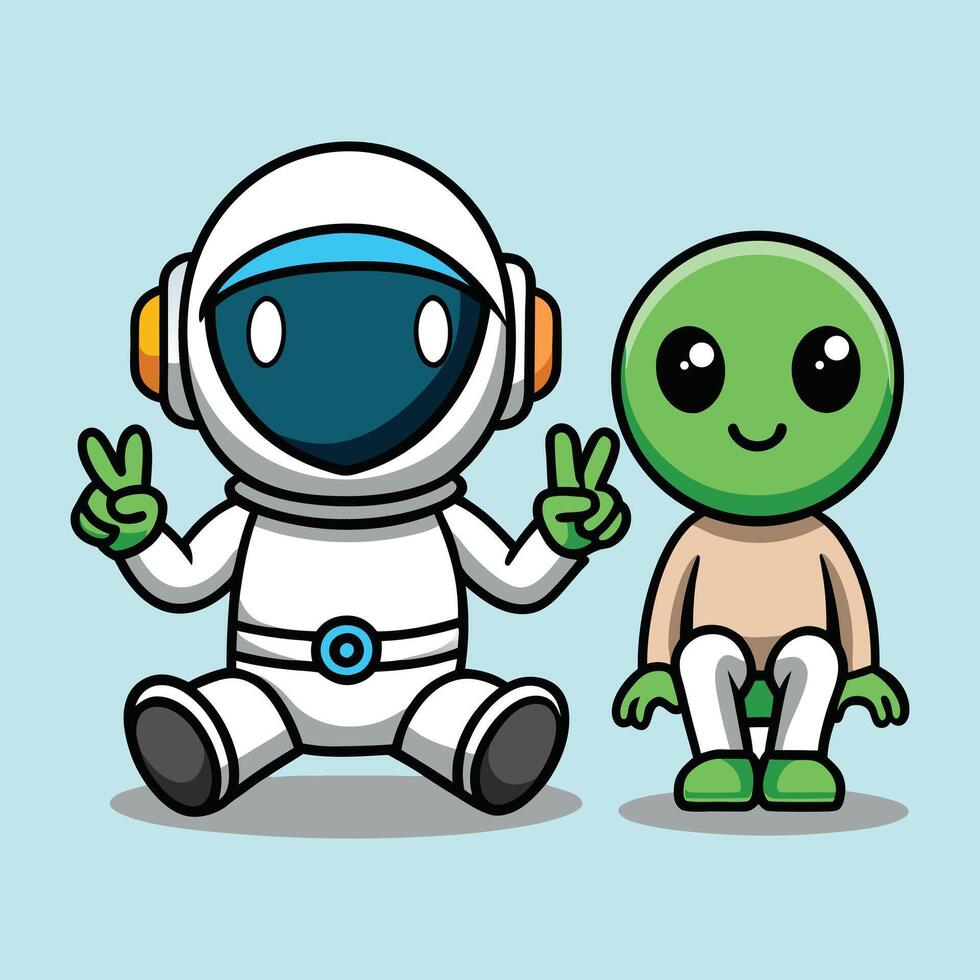 Whimsical astronaut and happy green alien friendship in a fantasy sci-fi world vector