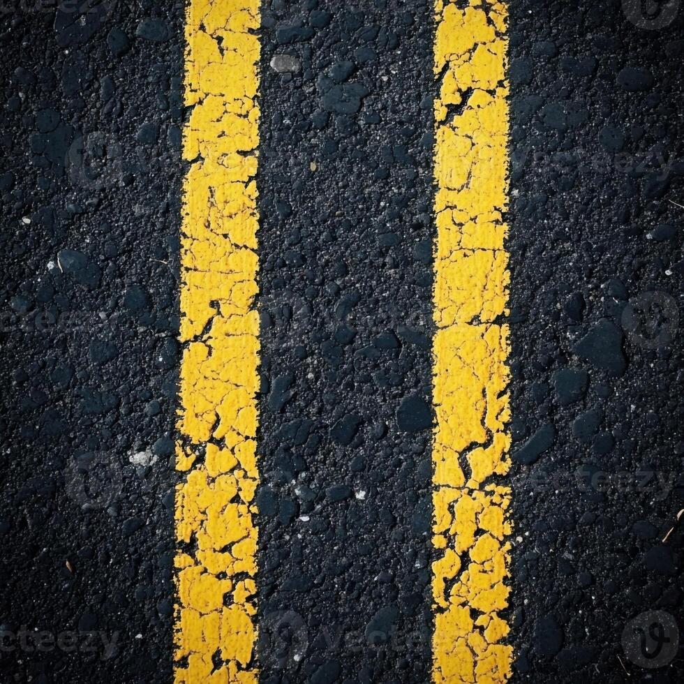 Close-up view of peeling yellow road markings on a black asphalt surface during daylight photo