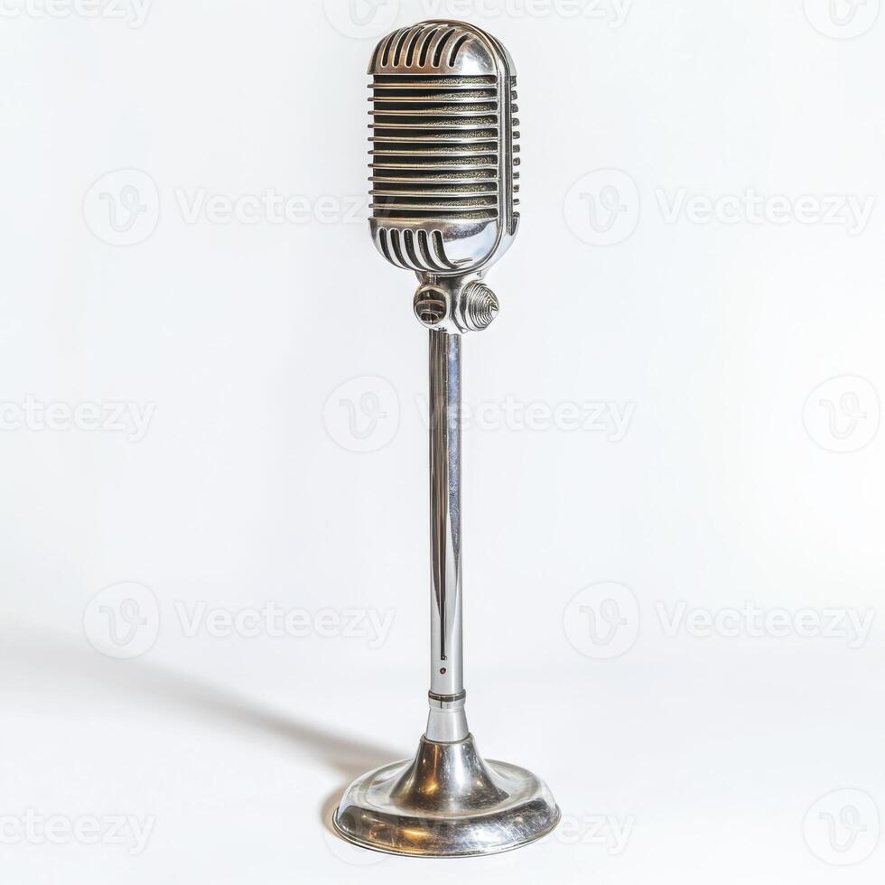 Classic silver microphone stands on a white background, showcasing vintage design and detailing in studio setup photo
