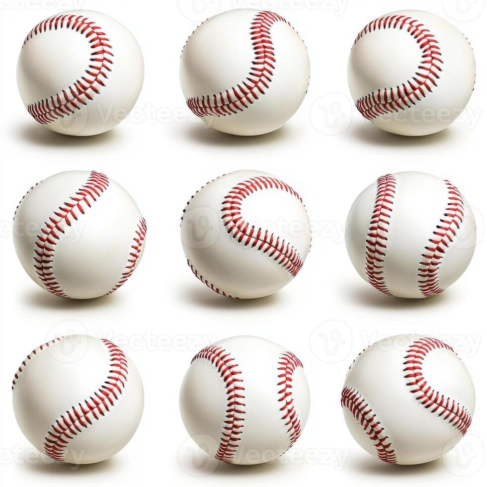 Collection of baseballs arranged in a three-by-three grid on a white background showing various angles and stitching photo