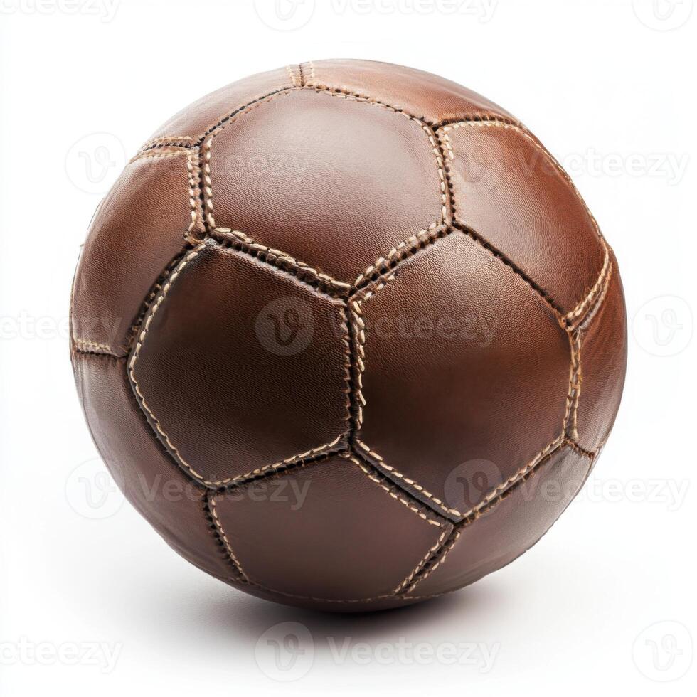 Classic leather soccer ball resting on a white surface with detailed stitching and traditional pentagon pattern photo
