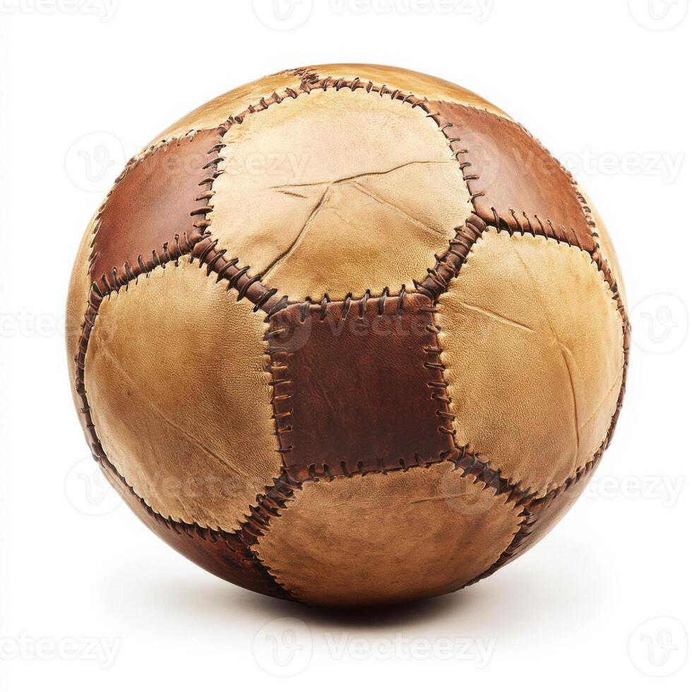 Classic leather soccer ball showcasing vintage design and craftsmanship, emphasizing rich textures and warm colors photo