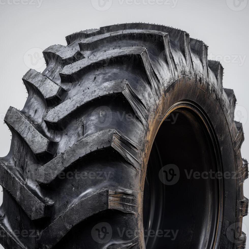 Close-up view of a rugged tractor tire showcasing deep treads and robust design suitable for rough terrains photo