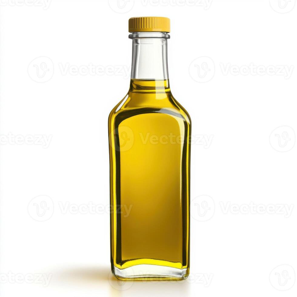 Clear glass bottle filled with golden oil on a white background showcasing its vibrant color and streamlined design photo