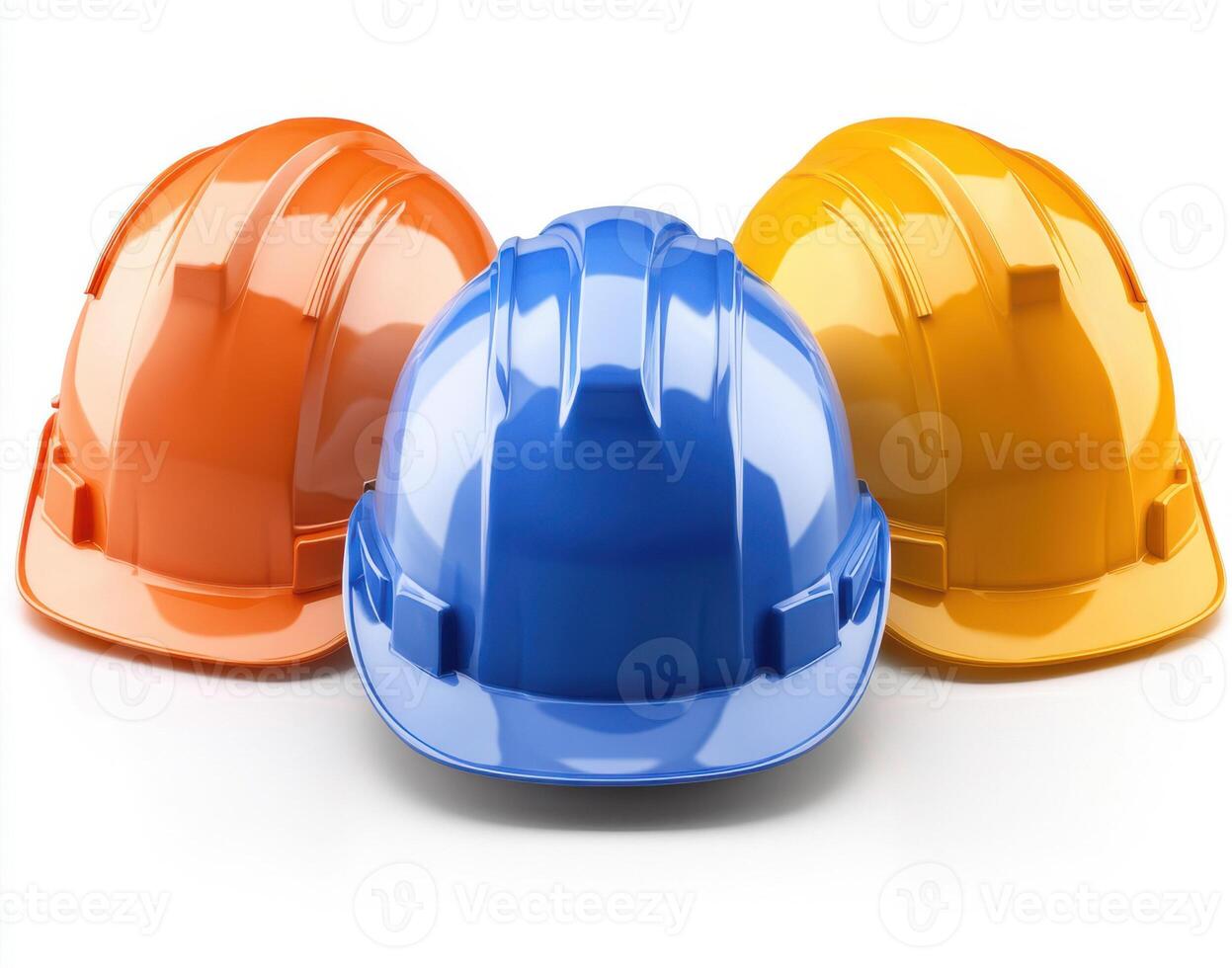Colorful construction helmets arranged in a triangle on a white background for safety awareness and workplace guidelines photo