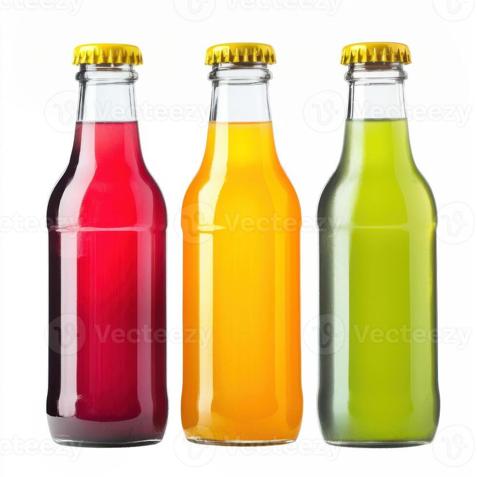 Colorful assortment of fizzy beverages in glass bottles ready for refreshment photo