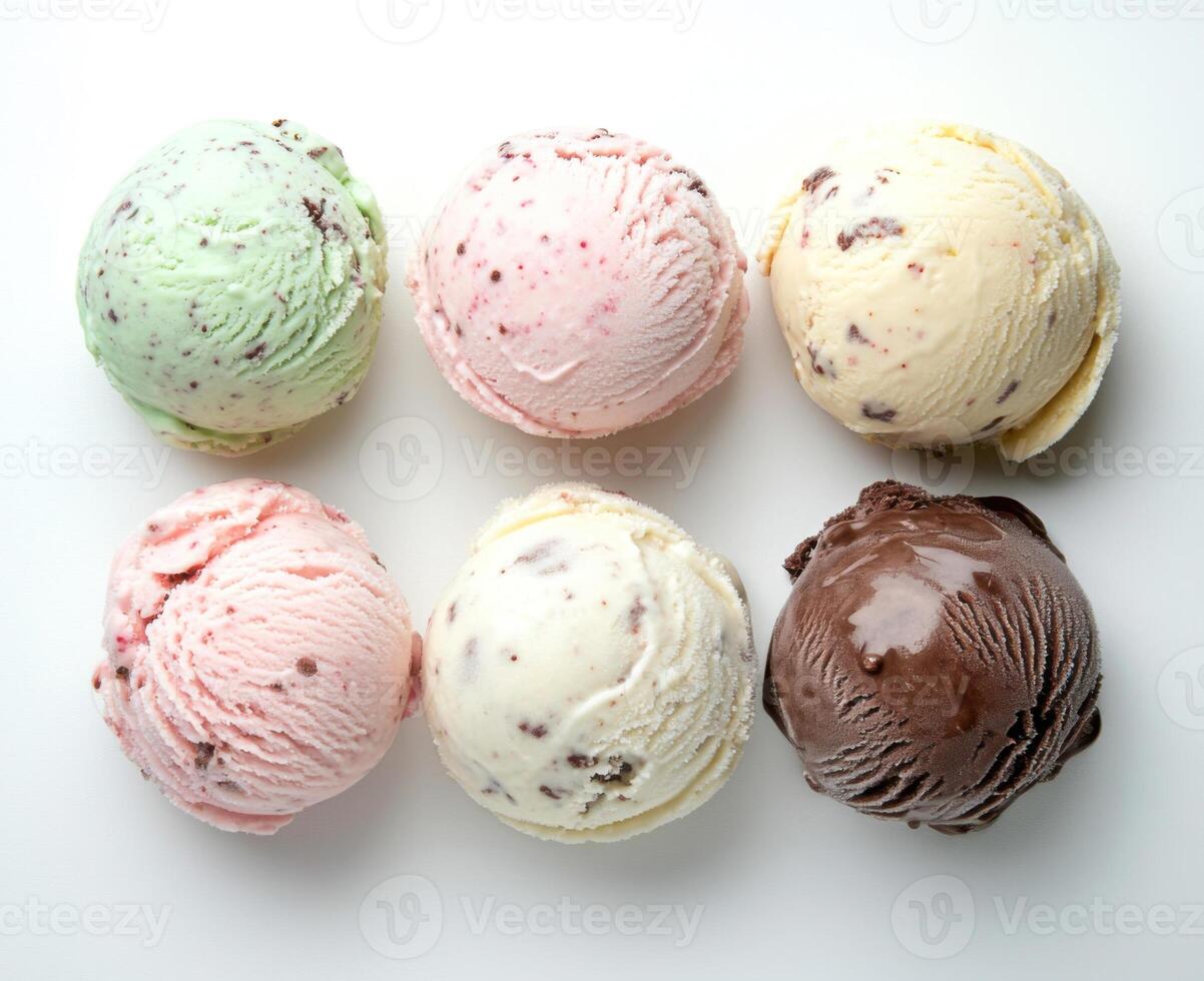 Colorful ice cream scoops arranged in a circle on a white background showcasing different flavors and textures photo