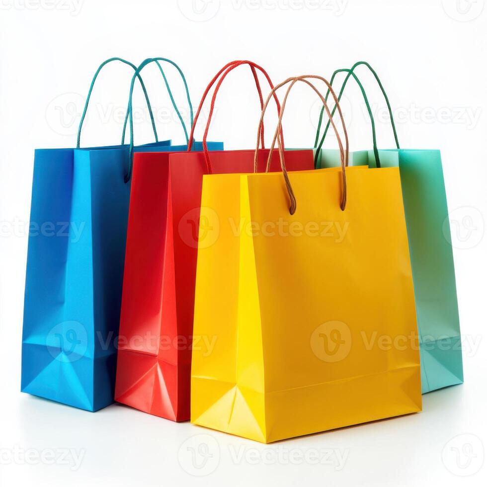 Colorful shopping bags arranged in a neat display with vibrant colors showcasing their unique shapes and textures photo