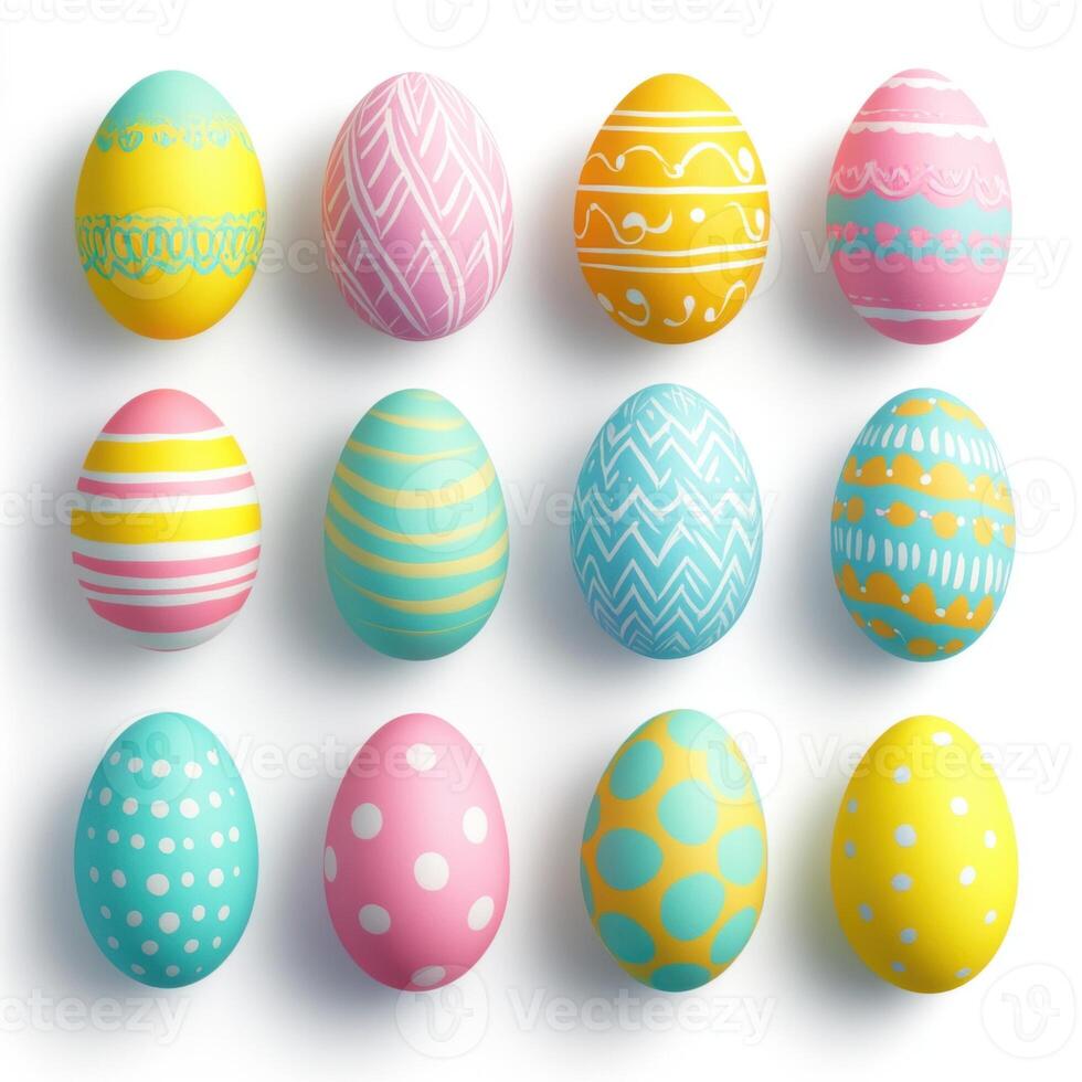Colorful decorated eggs arranged in a creative pattern for a festive celebration during springtime photo