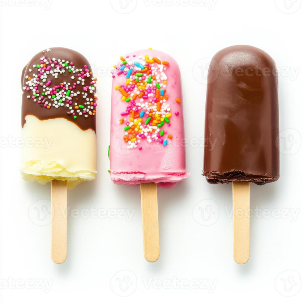Colorful ice cream popsicles with sprinkles on wooden sticks displayed on a clean white background photo