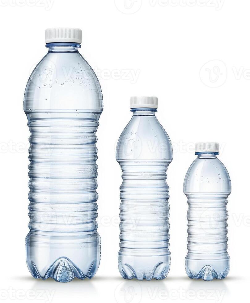 Different sizes of clear plastic water bottles displayed together on a white background photo
