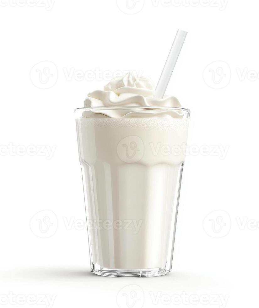 Creamy milkshake served in a tall glass with whipped cream and a straw, perfect for hot days photo