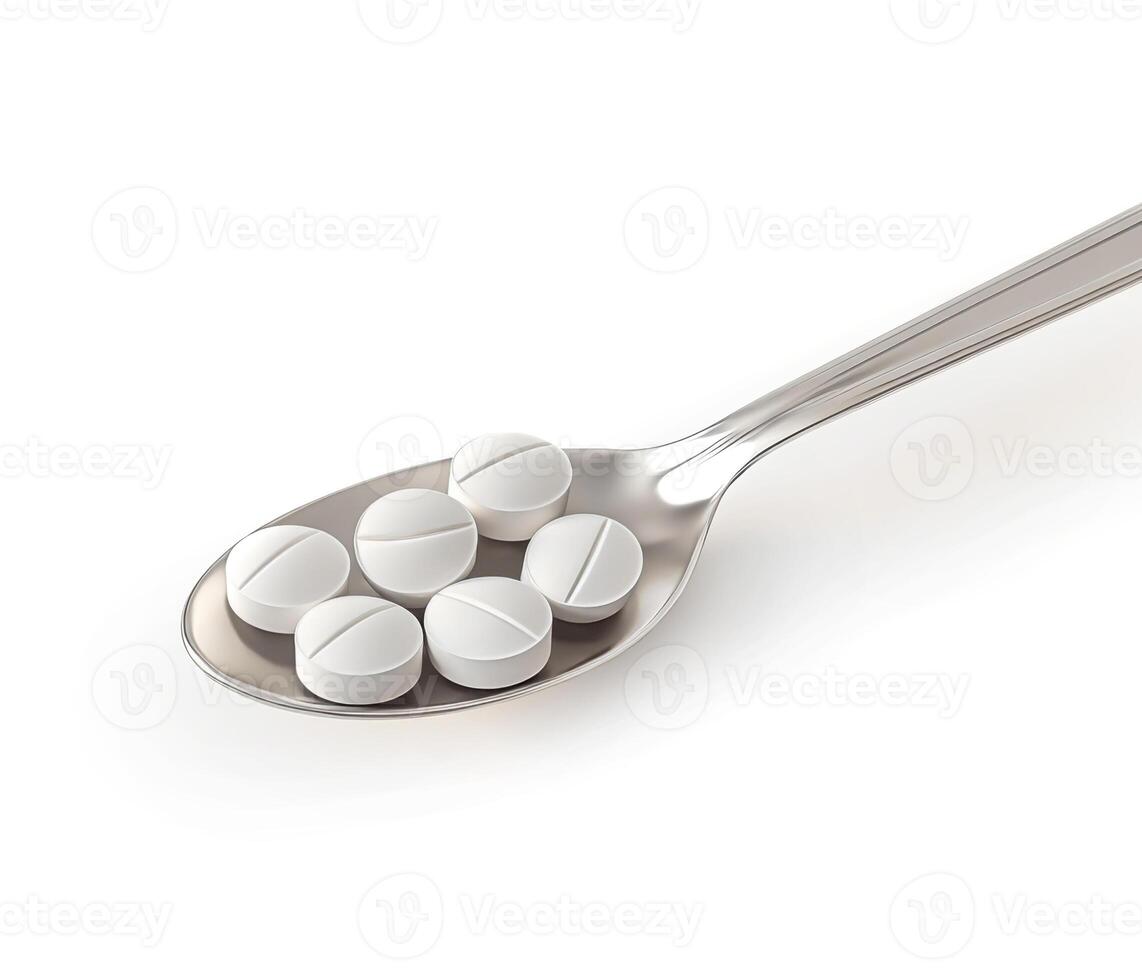 Different types of white pills are resting on a spoon in a clinical setting photo