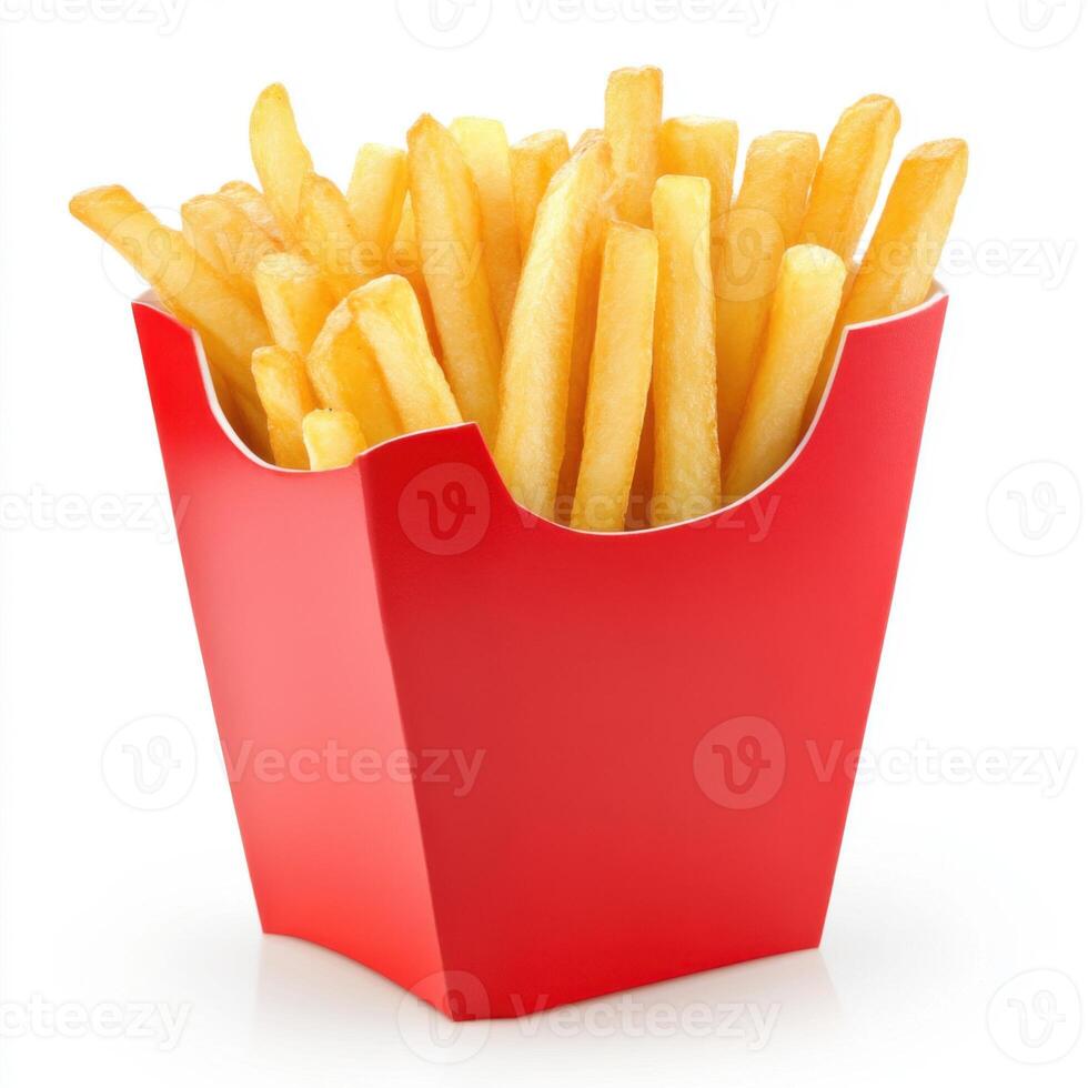Crispy golden fries served in a bright red container ideal for snacking or sharing with friends photo