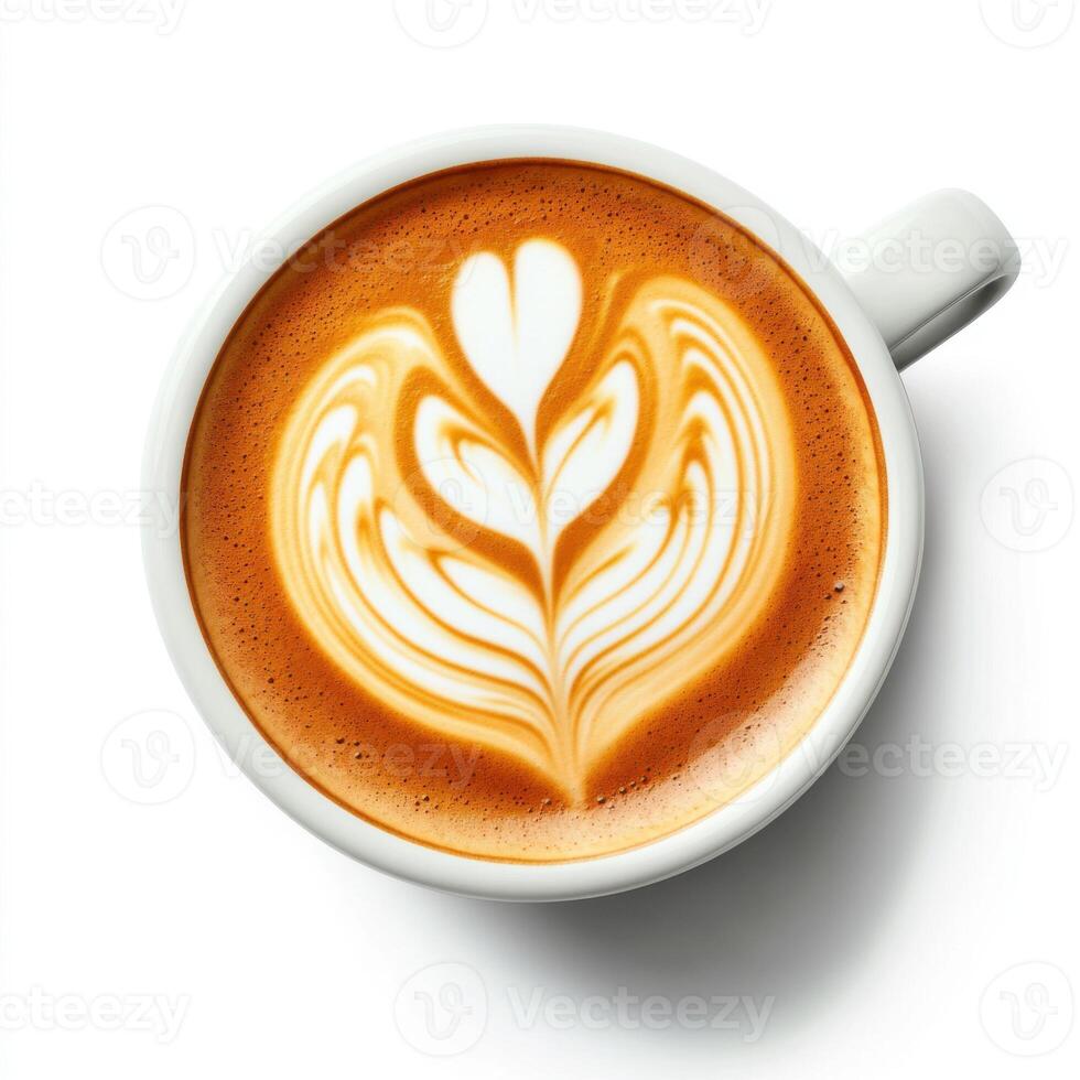 Creamy latte art with heart design in a white cup placed on a light background photo