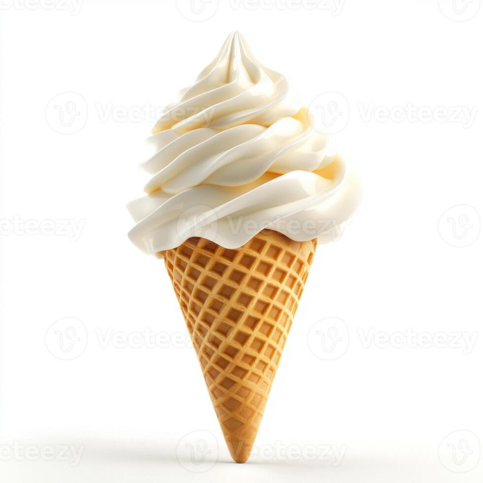 Creamy soft serve ice cream in a waffle cone displayed against a clean white background photo