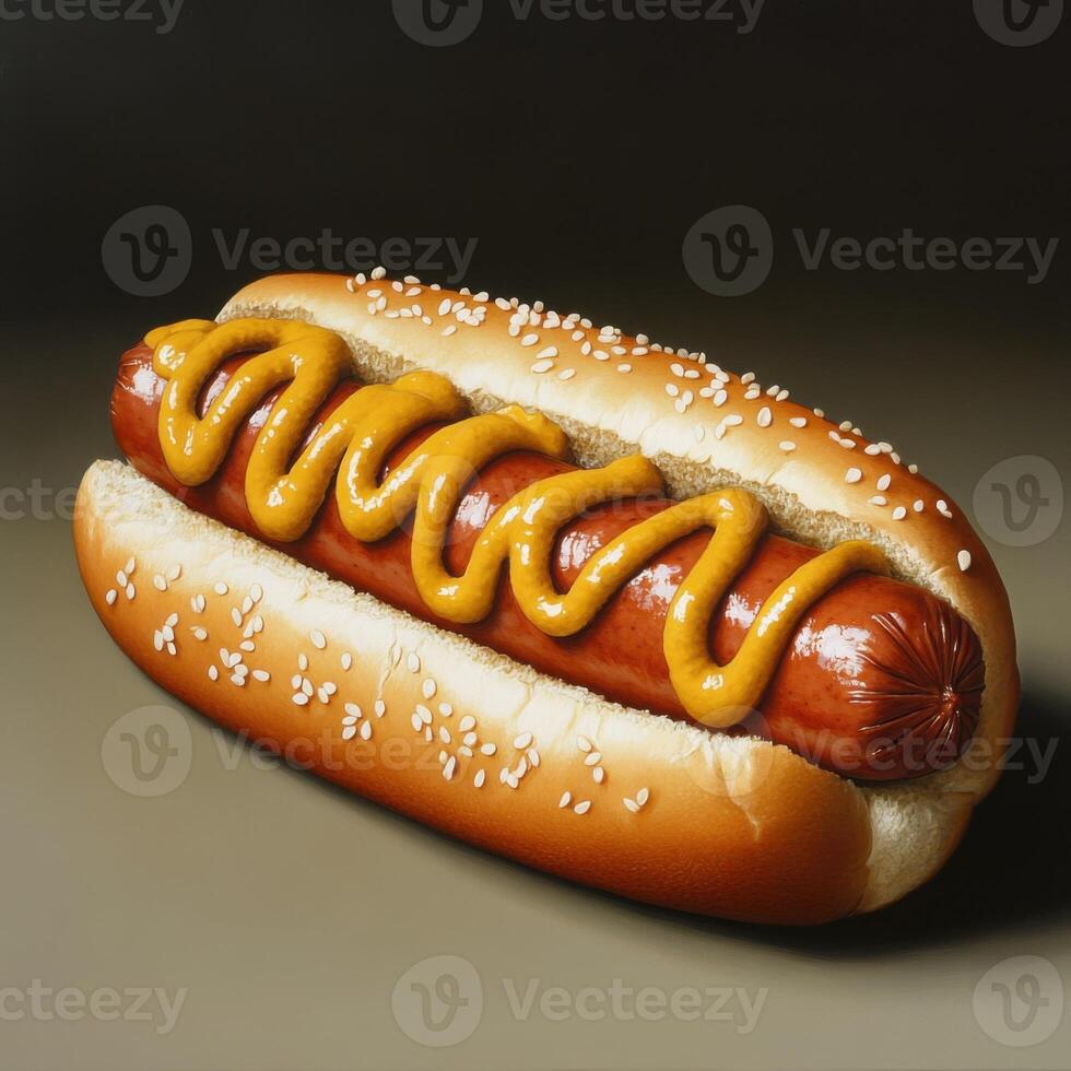 Delicious hot dog with mustard served on a sesame seed bun in a warm light setting photo