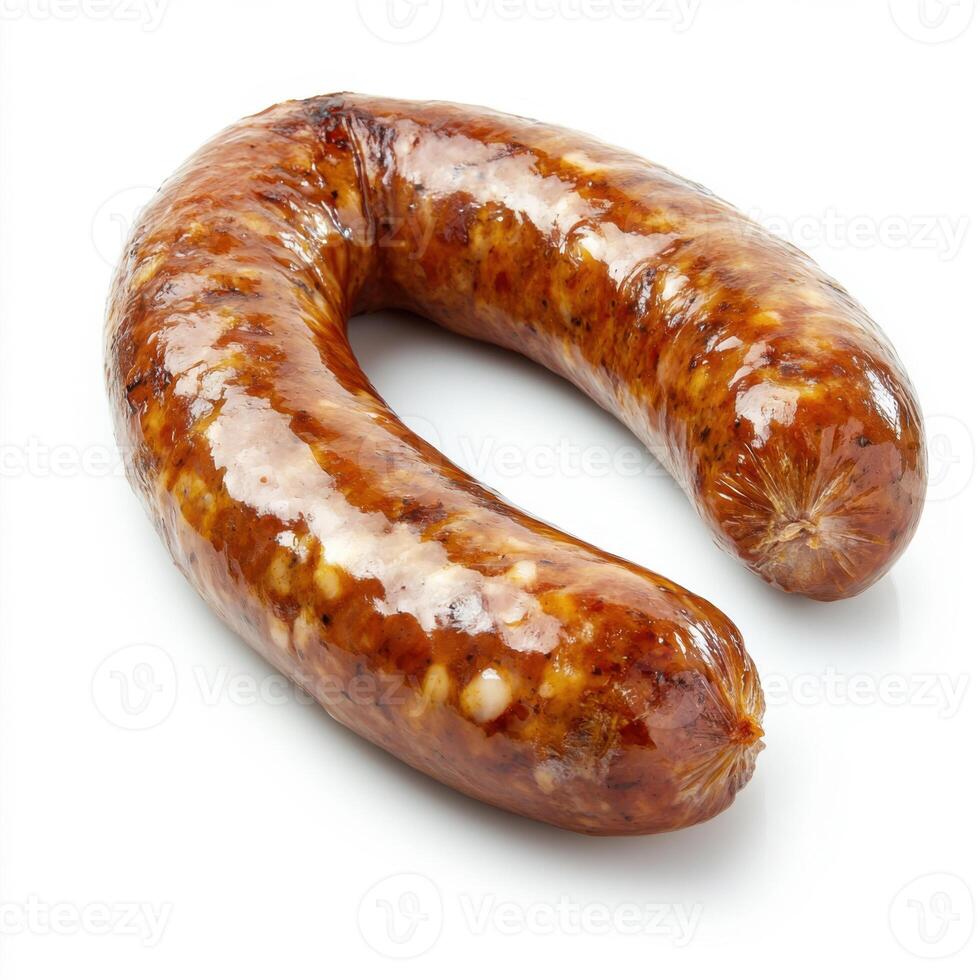Delicious handcrafted sausage displayed on a clean white background, highlighting its rich color and texture photo