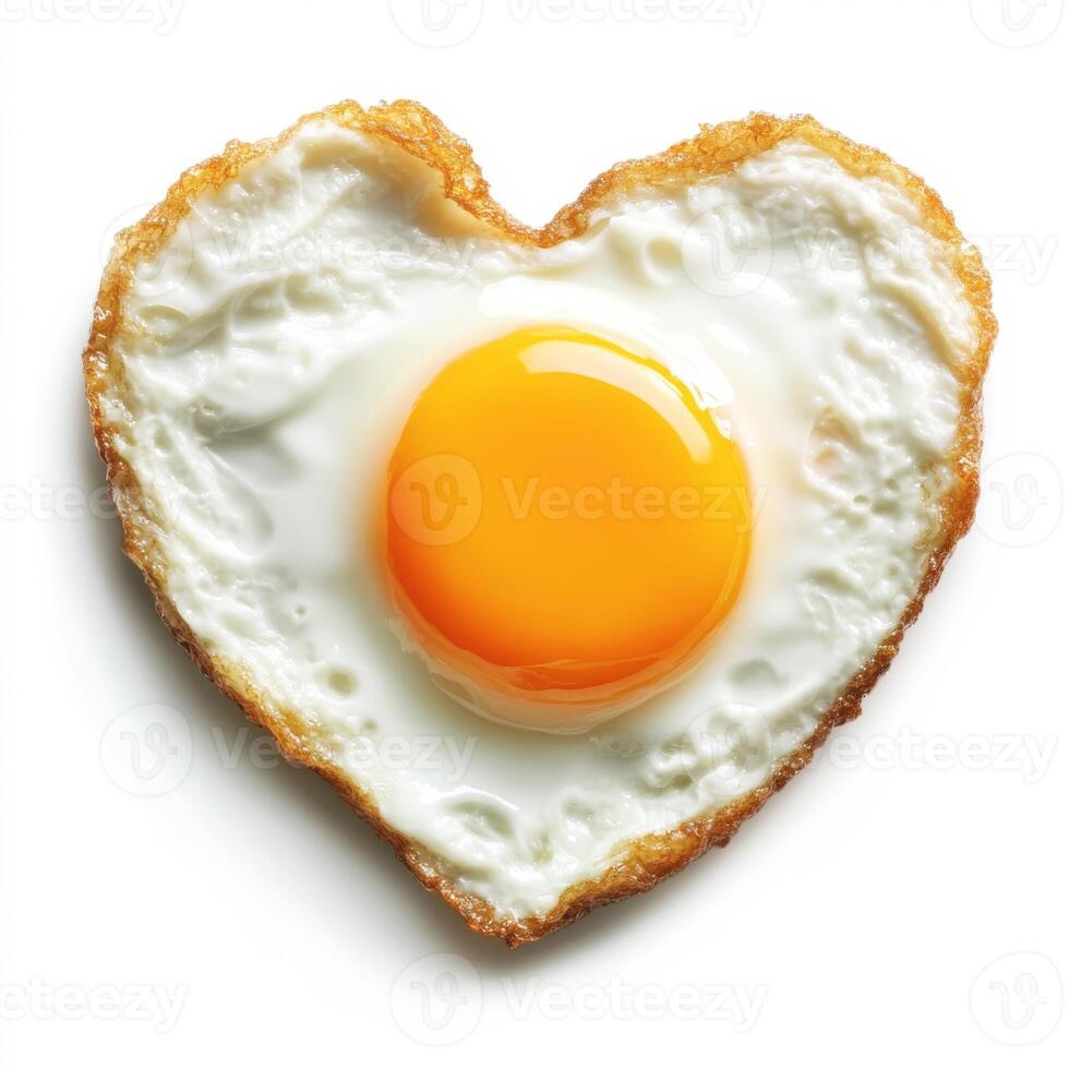 Creative heart-shaped fried egg on a white background, perfect for a romantic breakfast or special occasion photo