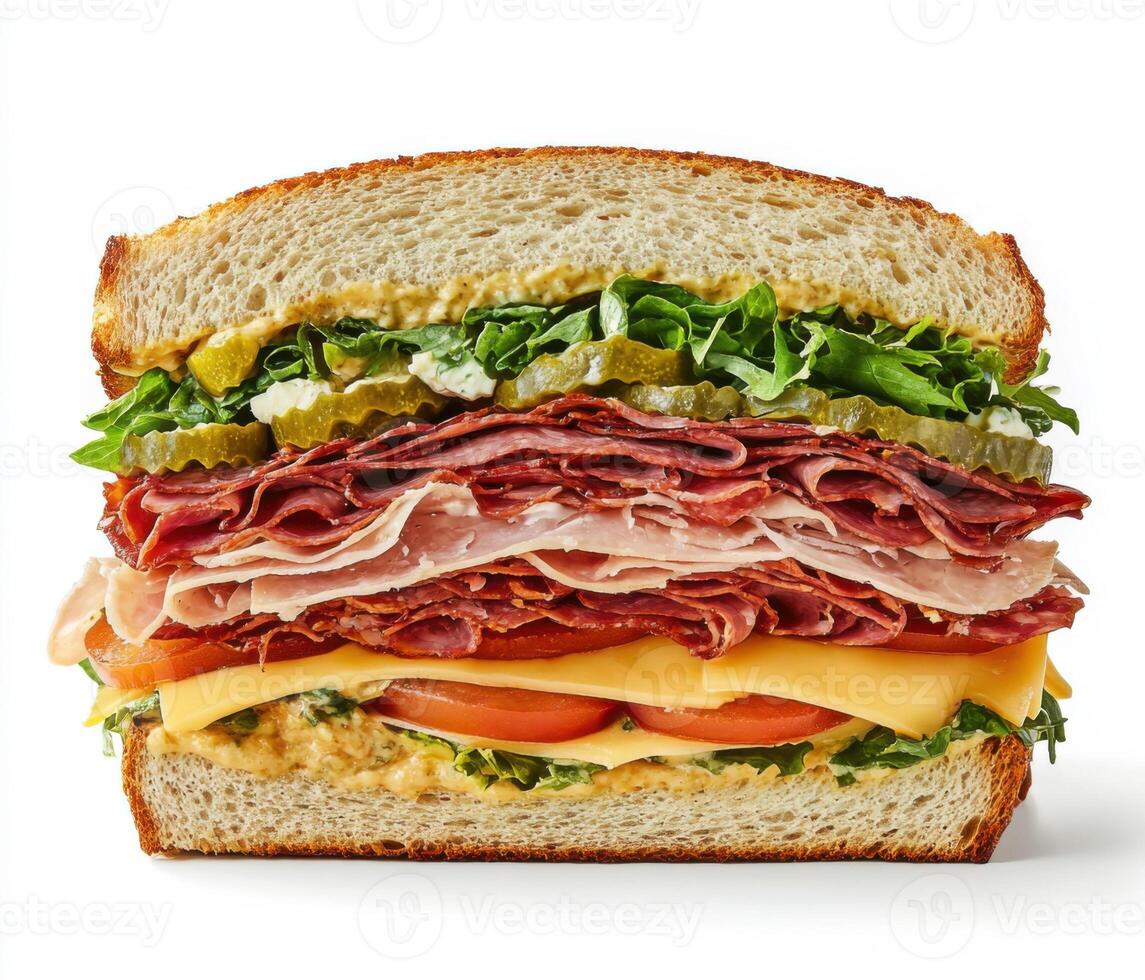 Delicious layered sandwich with fresh ingredients and a variety of meats made on whole grain bread photo