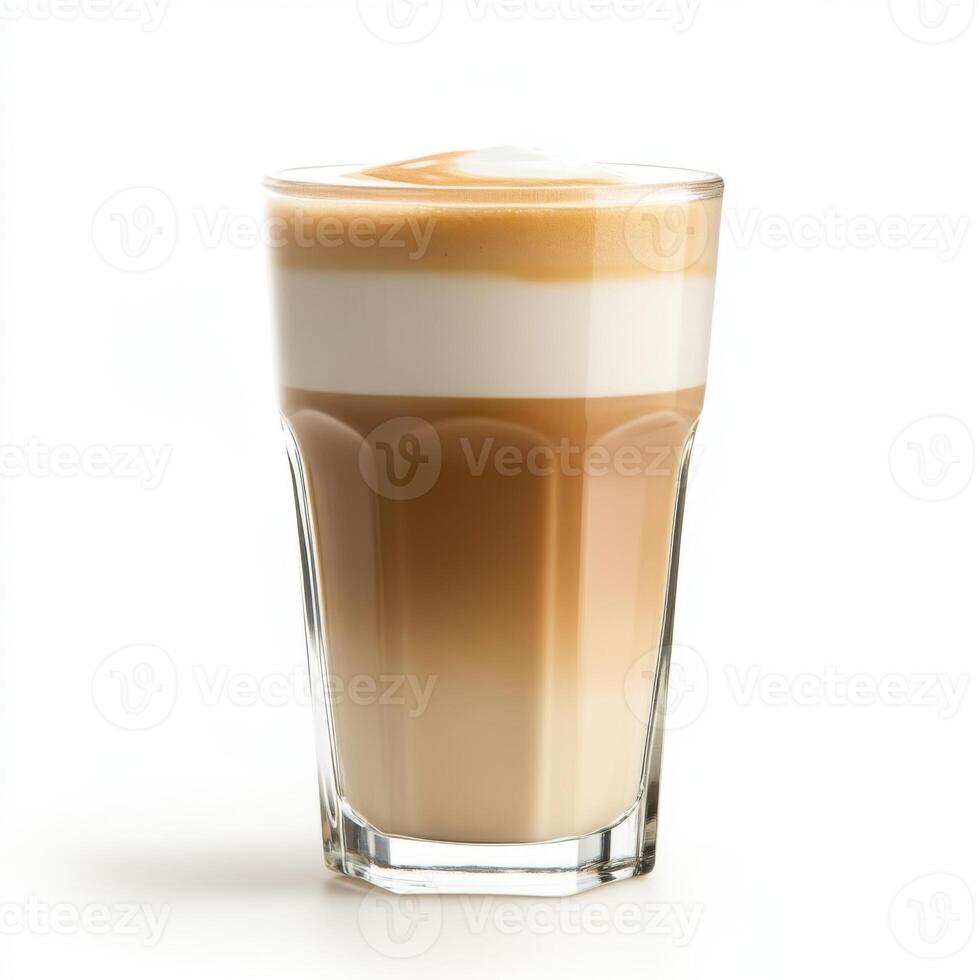 Delicious layered latte served in a clear glass, showcasing rich coffee and frothy milk in a cozy cafe setting photo