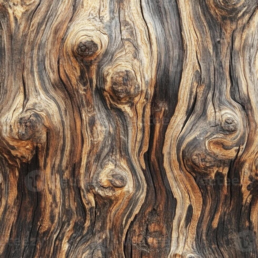 Detailed close-up of weathered wood surface showcasing unique textures and patterns in natural tones photo