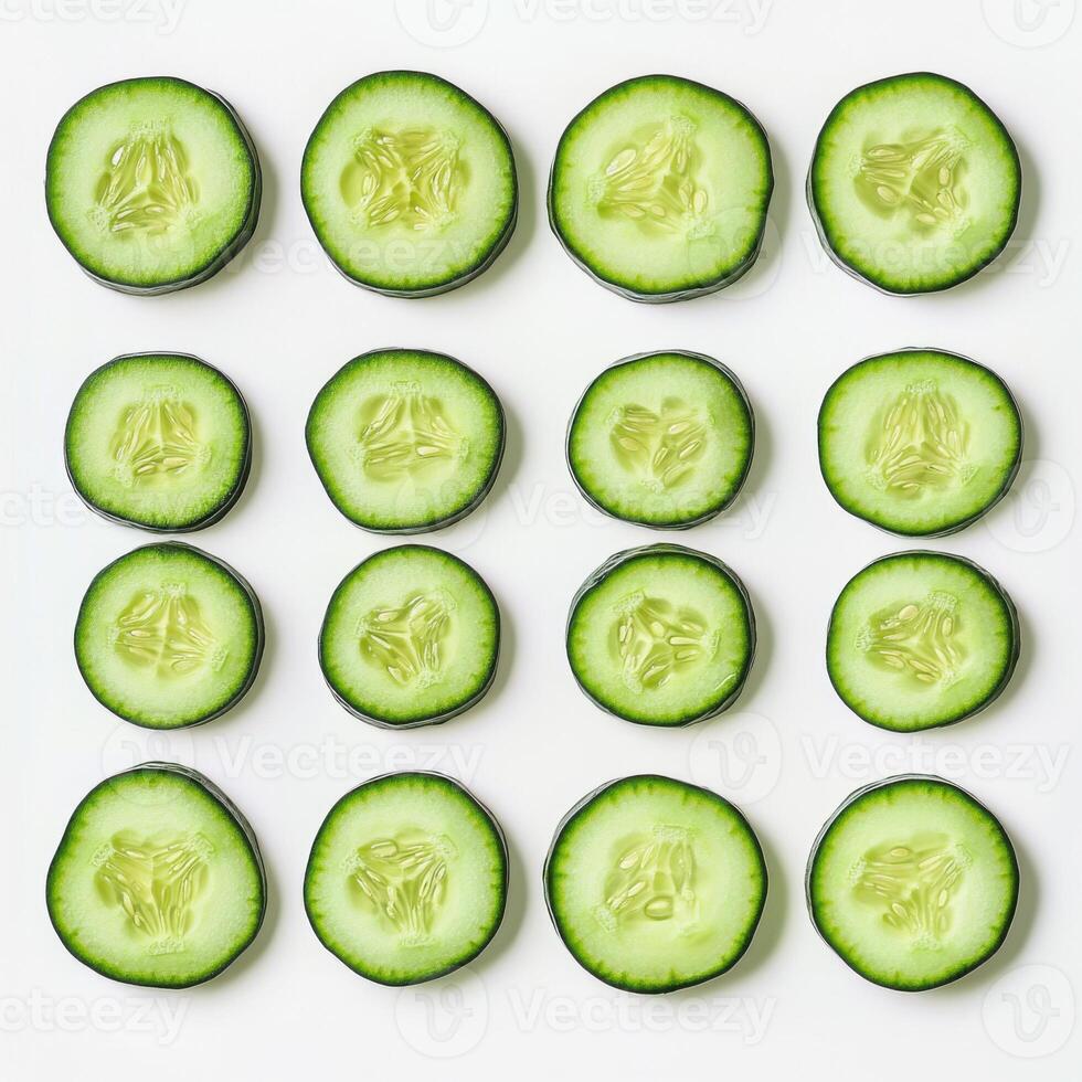 Fresh cucumber slices arranged in a neat grid on a white background for healthy eating and cooking inspiration photo