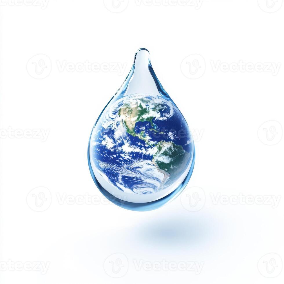 Globe enclosed in a water droplet symbolizes environmental preservation and the importance of water conservation around the world photo