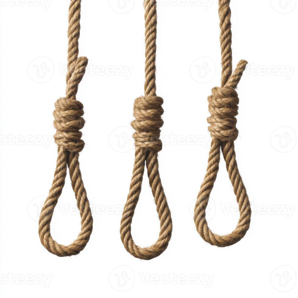 Three nooses hanging on a plain background showcasing intricate knotting techniques and craftsmanship photo