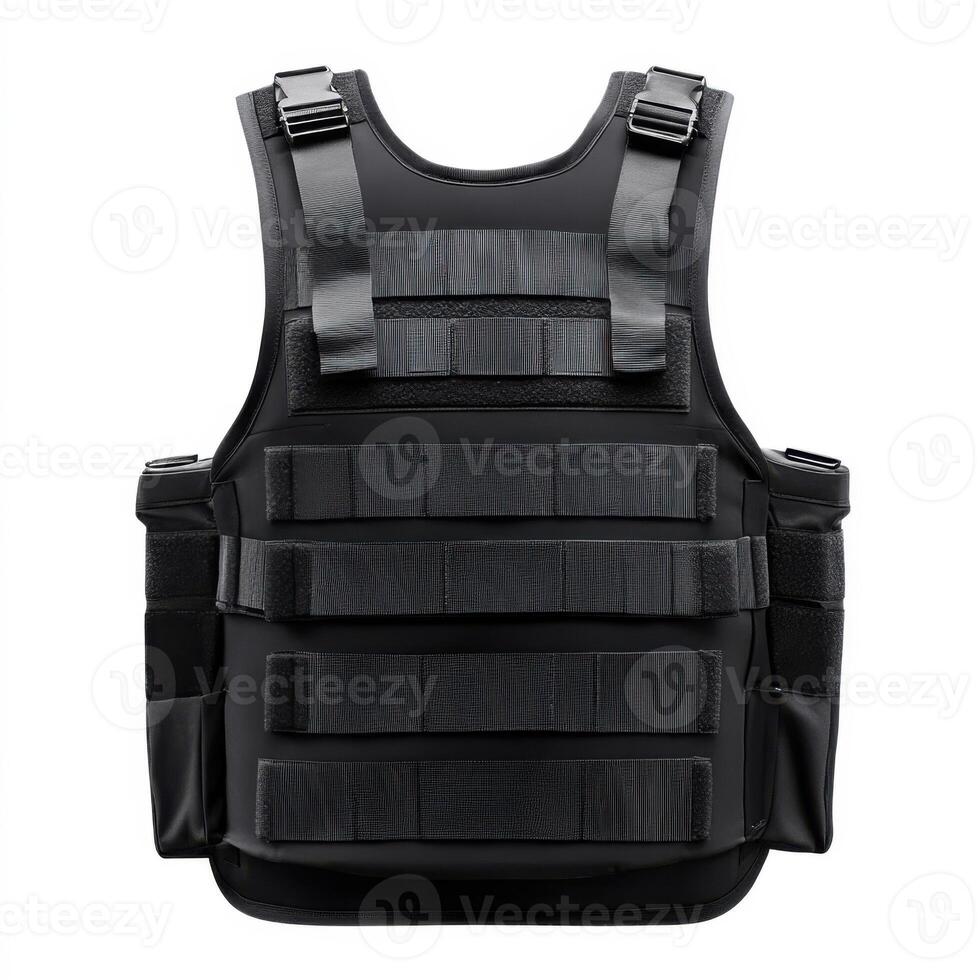 Tactical black bulletproof vest displayed against a plain background showcasing its design and features photo