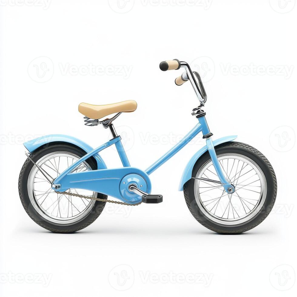 Vintage blue children's bicycle with a comfortable seat and sturdy wheels positioned on a plain background photo