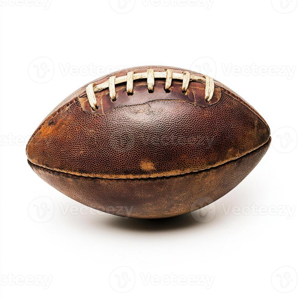 Vintage leather football resting on a white surface, showcasing its aged texture and craftsmanship photo