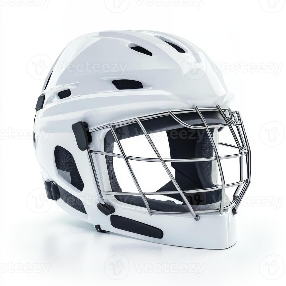 White goalie helmet featuring a metal cage for enhanced protection on the ice during games or practices photo