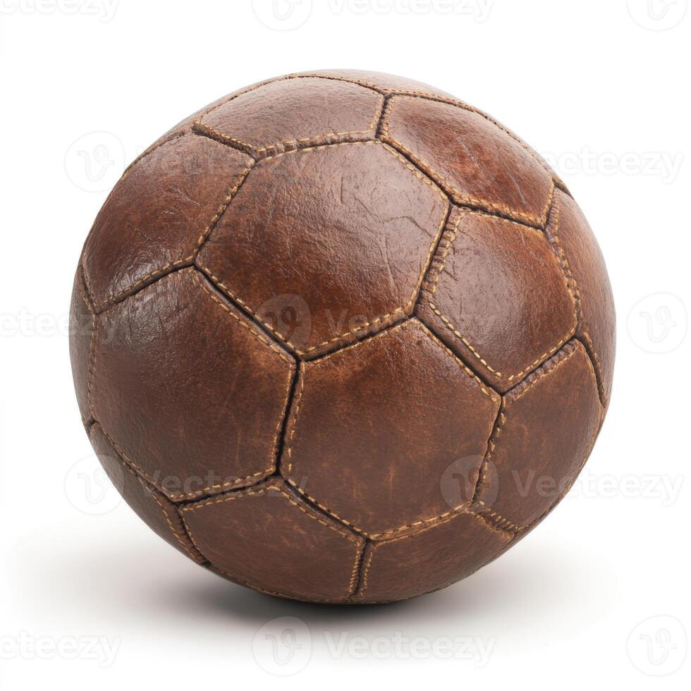 Vintage leather soccer ball showcasing intricate stitching and classic hexagonal design, perfect for display or play photo