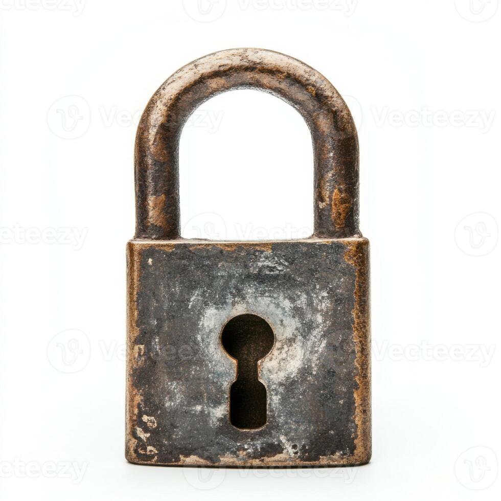 Vintage padlock showcasing wear and rust against a neutral background, symbolizing security and history photo