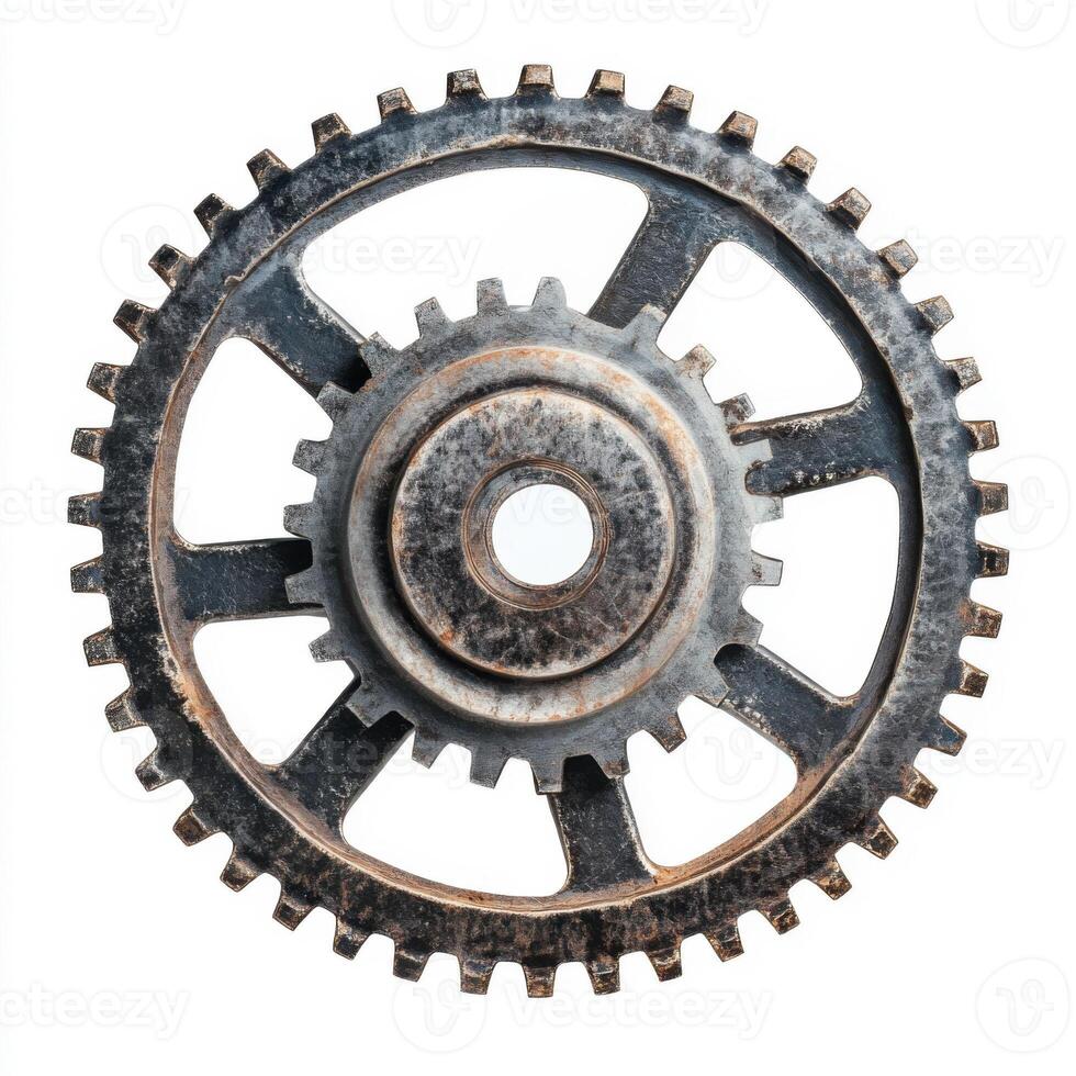 Vintage metal gear showcasing intricate design and weathered texture from a bygone era in mechanical history photo