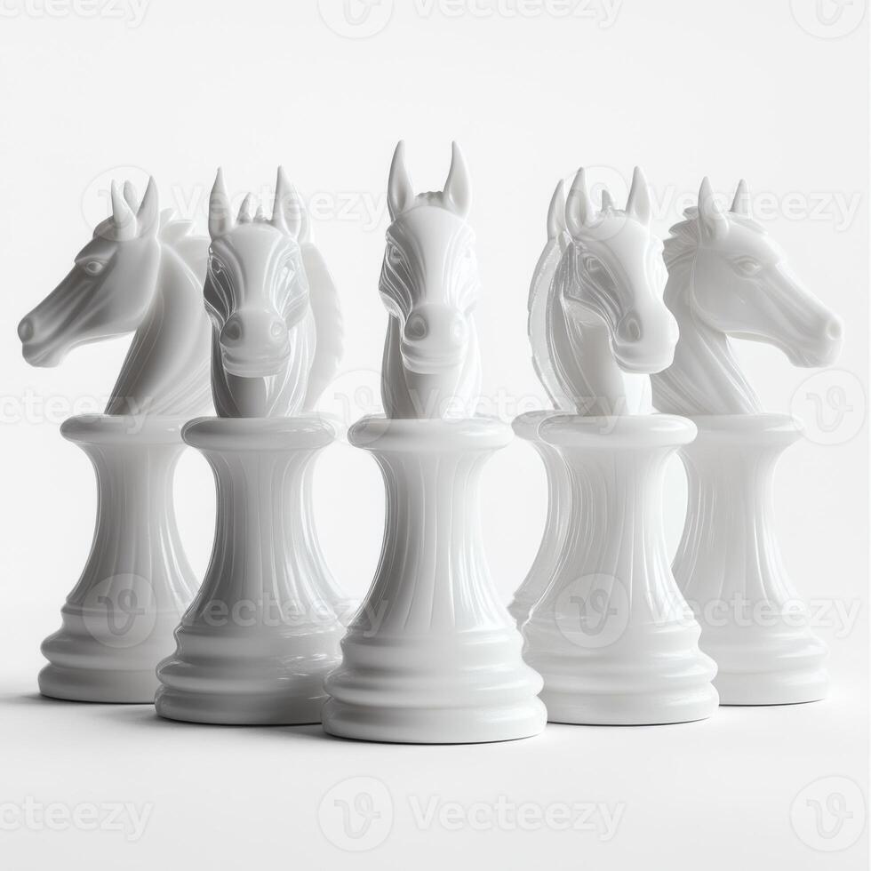 Elegant white chess pieces arranged neatly, showcasing intricate knight designs in a minimalistic setting photo