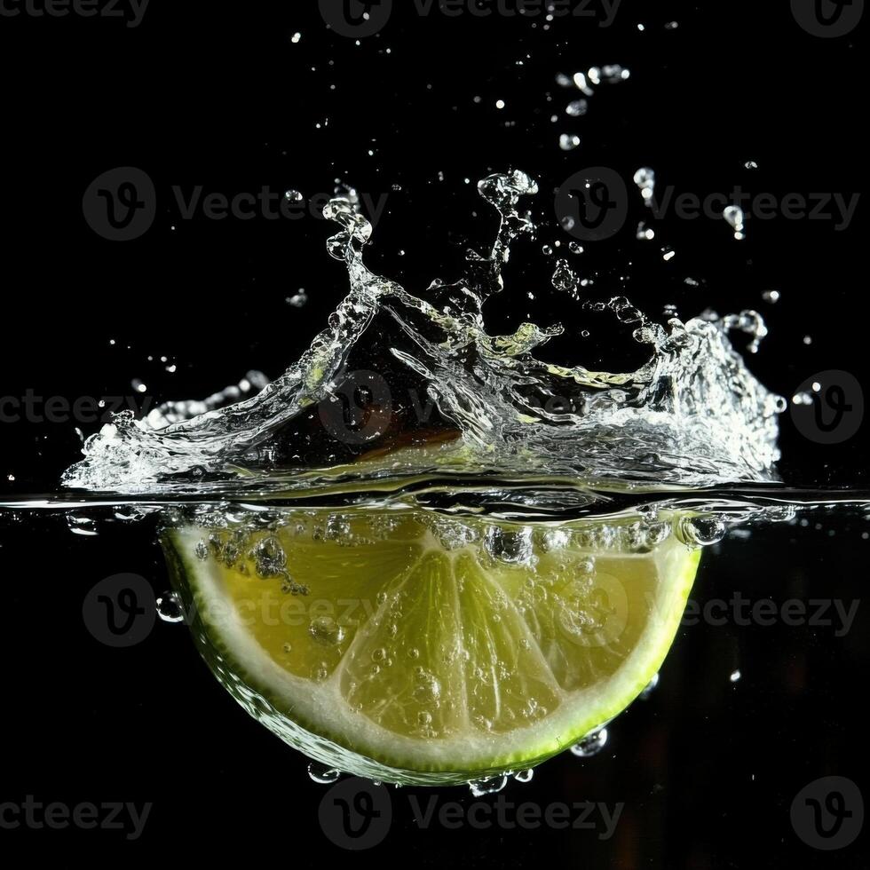 Fresh lime slice splashes into clear water creating dynamic droplets and ripples at an evening setting photo