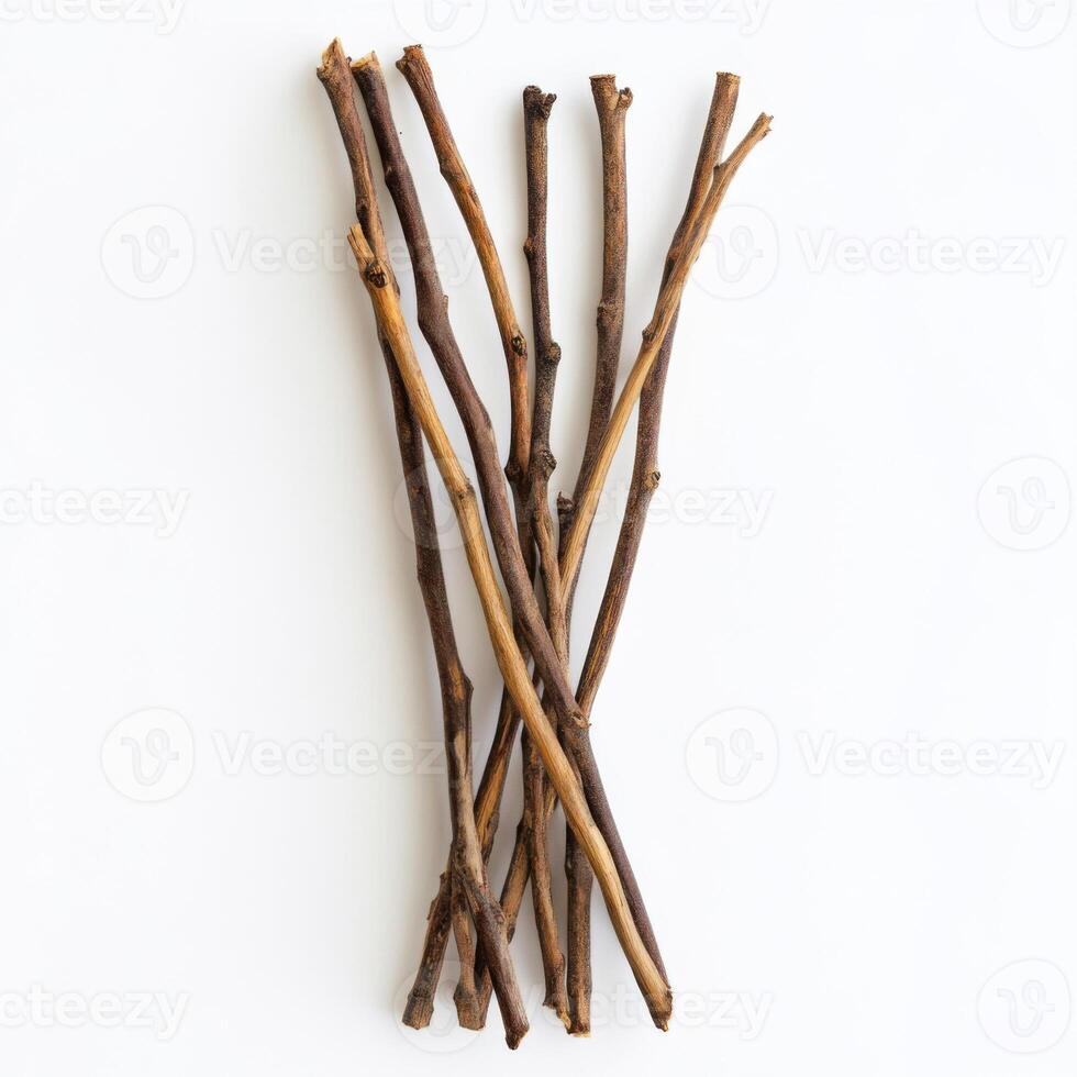 Sticks arranged on a bright white surface for natural decor or crafting projects photo